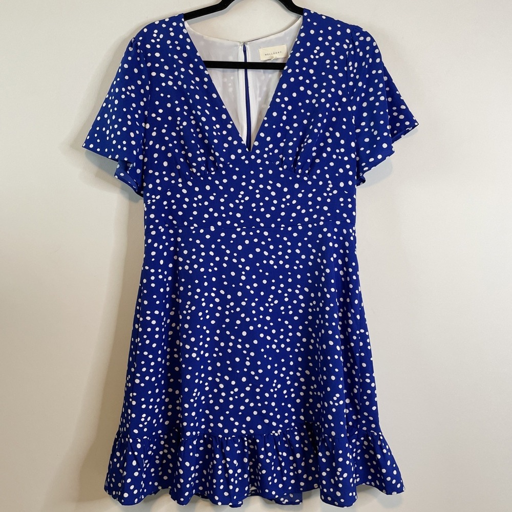 Melloday Blue White Polka Dot Fit Flare Dress V Neck Flutter Sleeve Large